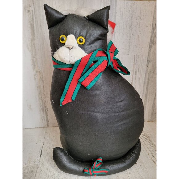 Vintage plush black tuxedo Cat santa claus hat home decor xmas - Picture 1 of 6